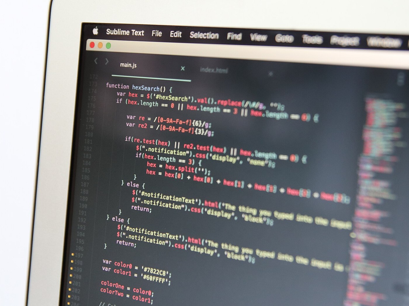 Close-up of application code being edited in a text editor